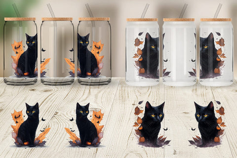 Glass Can Wrap Black Cat Halloween Sublimation artnoy 