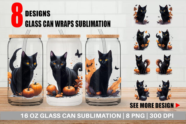 Glass Can Wrap Black Cat Halloween Sublimation artnoy 