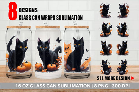 Glass Can Wrap Black Cat Halloween Sublimation artnoy 