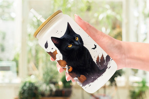Glass Can Wrap Black Cat Halloween Sublimation artnoy 