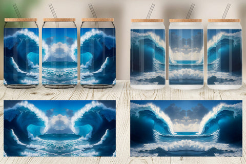 Glass Can Wrap Blue Sea Waves Rolling Sublimation artnoy 