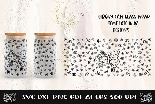 Glass Can Wrap Butterfly SVG. Libbey Glass Can Full Wrap. SVG Samaha Design 