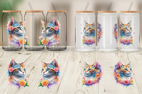 Glass Can Wrap Cat and Flower Sublimation artnoy 
