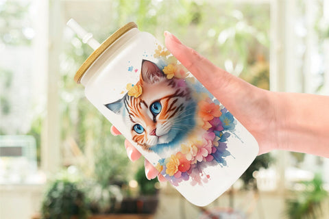 Glass Can Wrap Cat and Flower Sublimation artnoy 