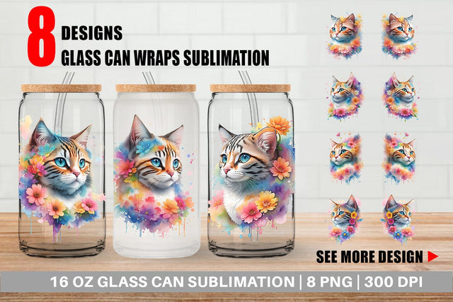 Glass Can Wrap Cat and Flower Sublimation artnoy 