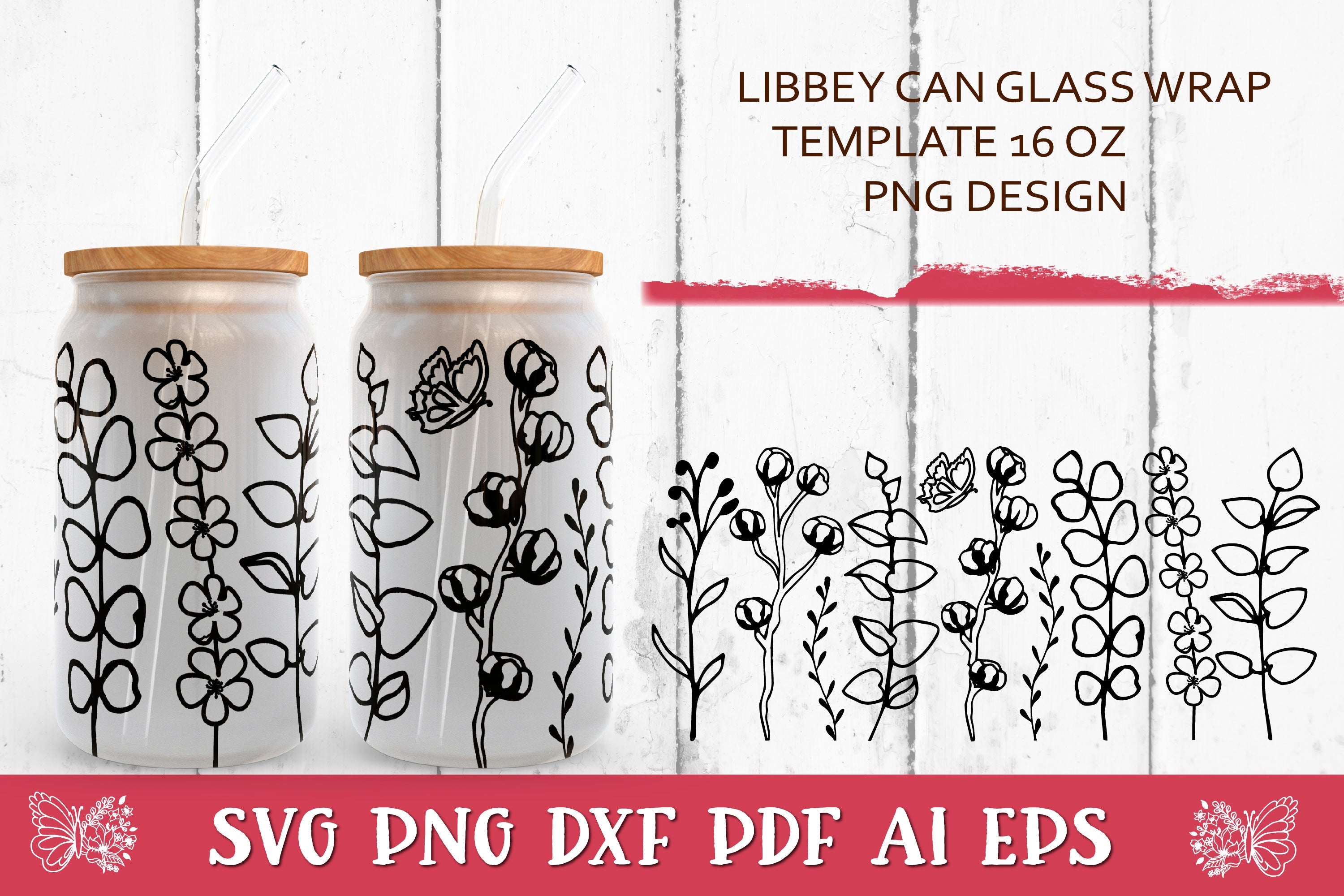 Flower Coffee Libbey Glass Can 16oz Full Wrap SVG