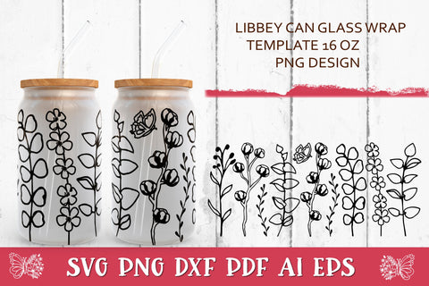 Glass Can Wrap Coffee. Flowers SVG. Libbey Glass Can Full Wrap. SVG Samaha Design 