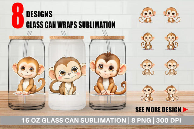 Glass Can Wrap Cute Baby Monkey Sublimation artnoy 