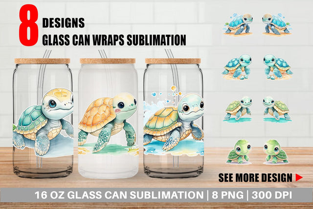 Glass Can Wrap Cute Baby Turtle Sublimation artnoy 