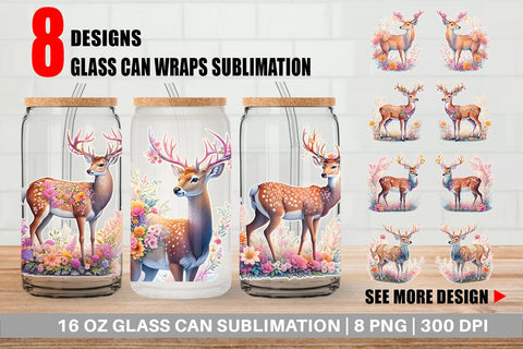Glass Can Wrap Engraved Deer And Floral Sublimation artnoy 