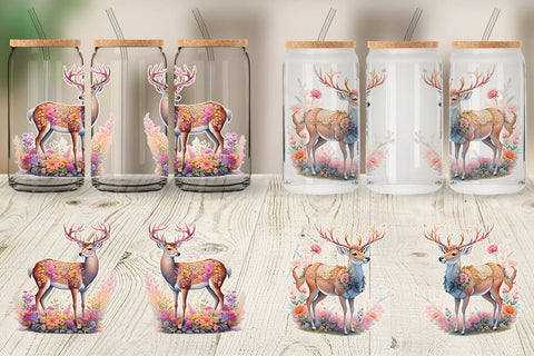 Glass Can Wrap Engraved Deer And Floral Sublimation artnoy 