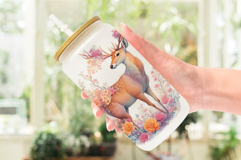 Glass Can Wrap Engraved Deer And Floral Sublimation artnoy 