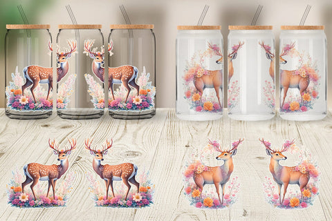 Glass Can Wrap Engraved Deer And Floral Sublimation artnoy 