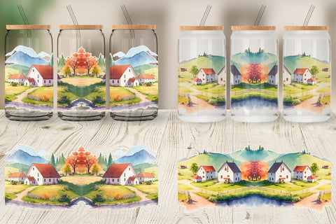 Glass Can Wrap Farmhouses Landscape Sublimation artnoy 