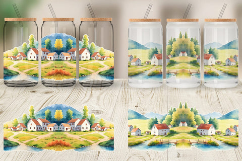 Glass Can Wrap Farmhouses Landscape Sublimation artnoy 