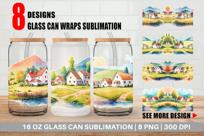 Glass Can Wrap Farmhouses Landscape Sublimation artnoy 