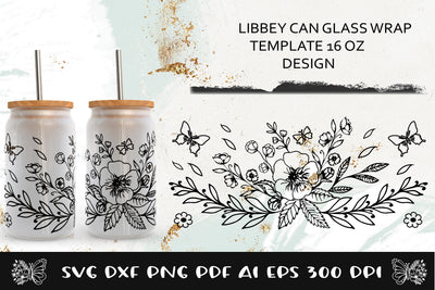 Glass Can Wrap Flower SVG. Libbey Glass Can Full Wrap. SVG Samaha Design 