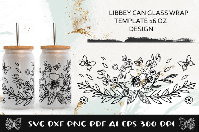 Glass Can Wrap Flower SVG. Libbey Glass Can Full Wrap. SVG Samaha Design 