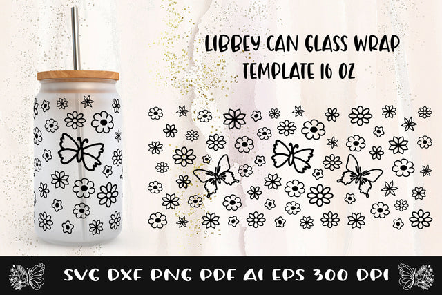 Glass Can Wrap Flower SVG. Libbey Glass Can Full Wrap. SVG Samaha Design 