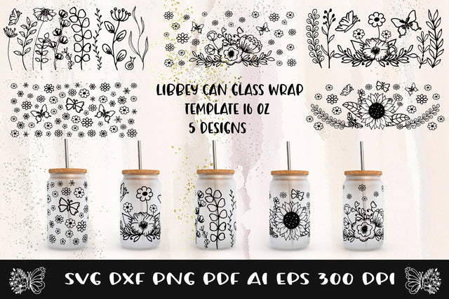 Glass Can Wrap Flowers SVG Bundle. Libbey Can Glass Wrap SVG Samaha Design 