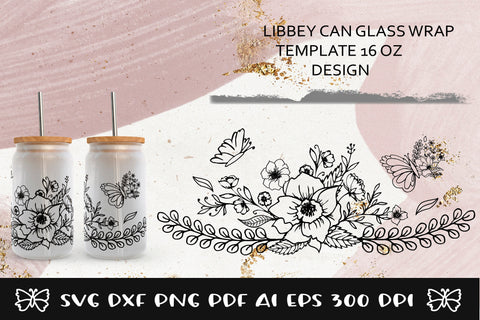 Glass Can Wrap Flowers SVG. Libbey Glass Can Full Wrap. SVG Samaha Design 