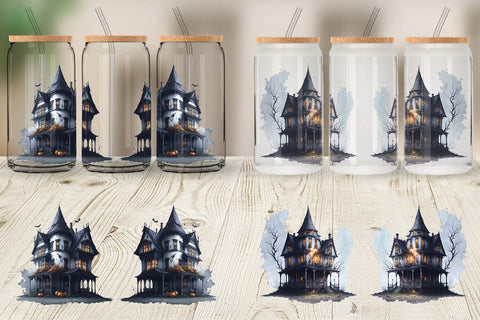Glass Can Wrap Haunted House Halloween Sublimation artnoy 