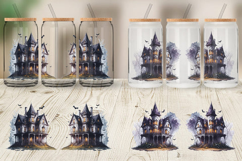 Glass Can Wrap Haunted House Halloween Sublimation artnoy 