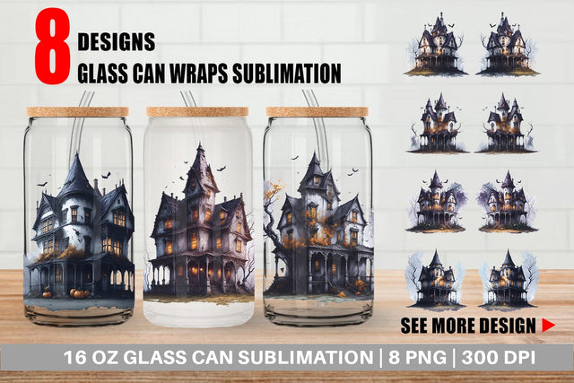 Glass Can Wrap Haunted House Halloween Sublimation artnoy 