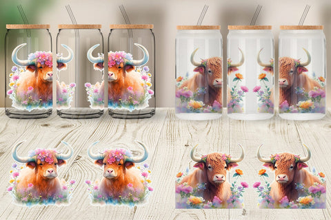 Glass Can Wrap Highland Cow and Floral Sublimation artnoy 
