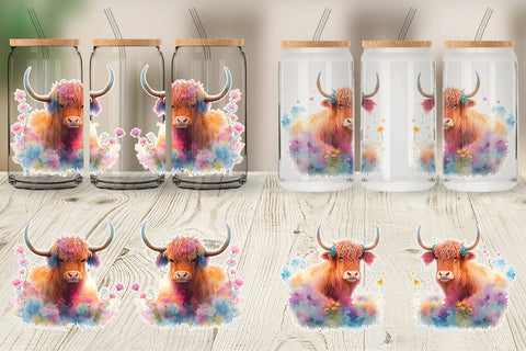 Glass Can Wrap Highland Cow and Floral Sublimation artnoy 