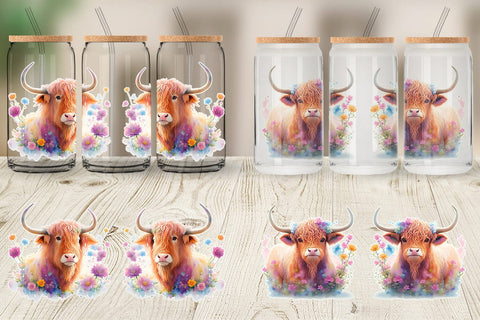 Glass Can Wrap Highland Cow and Floral Sublimation artnoy 
