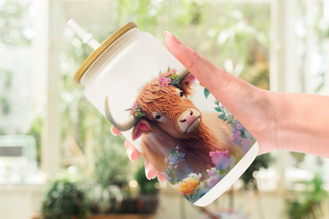 Glass Can Wrap Highland Cow and Floral Sublimation artnoy 
