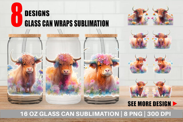 Glass Can Wrap Highland Cow and Floral Sublimation artnoy 