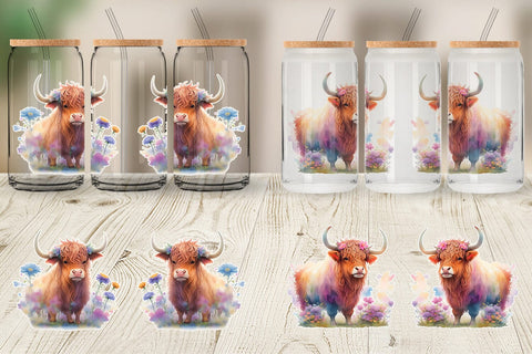 Glass Can Wrap Highland Cow and Floral Sublimation artnoy 