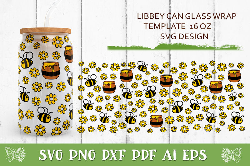 Glass Can Wrap Honey Bee SVG. Libbey Glass Full Wrap . SVG Samaha Design 