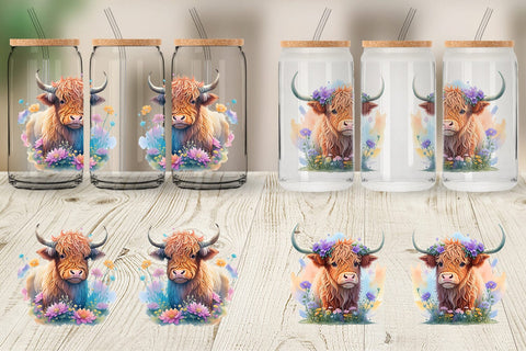 Glass Can Wrap Illustration Highland Cow Sublimation artnoy 