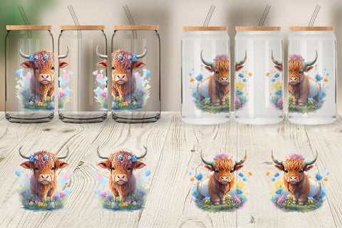 Glass Can Wrap Illustration Highland Cow Sublimation artnoy 