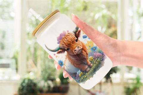 Glass Can Wrap Illustration Highland Cow Sublimation artnoy 