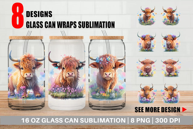 Glass Can Wrap Illustration Highland Cow Sublimation artnoy 