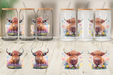 Glass Can Wrap Illustration Highland Cow Sublimation artnoy 