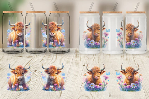 Glass Can Wrap Illustration Highland Cow Sublimation artnoy 