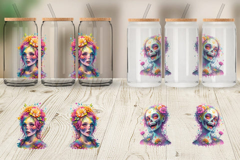 Glass Can Wrap Illustration Zombie with Flower Sublimation artnoy 
