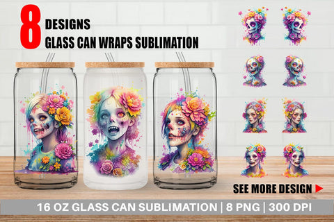 Glass Can Wrap Illustration Zombie with Flower Sublimation artnoy 