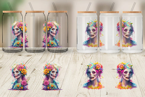Glass Can Wrap Illustration Zombie with Flower Sublimation artnoy 