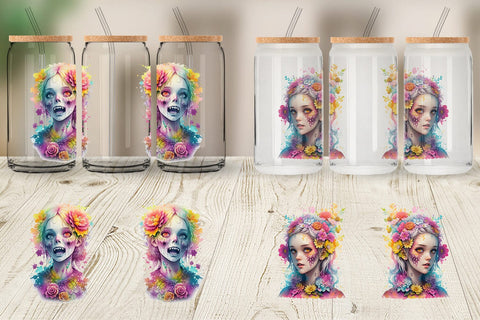 Glass Can Wrap Illustration Zombie with Flower Sublimation artnoy 