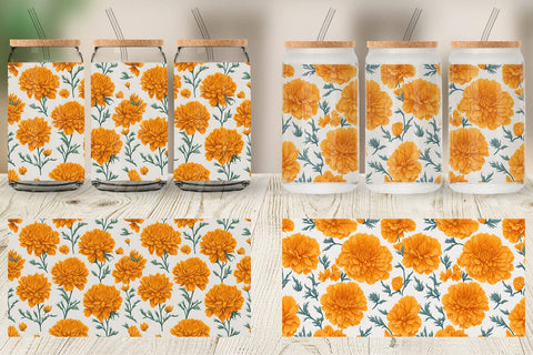 Glass Can Wrap Marigold Flower Pattern Sublimation artnoy 