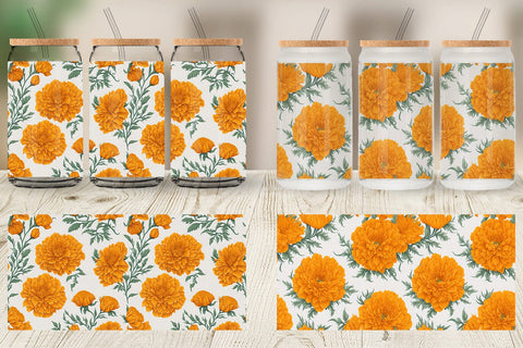 Glass Can Wrap Marigold Flower Pattern Sublimation artnoy 