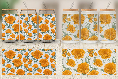 Glass Can Wrap Marigold Flower Pattern Sublimation artnoy 