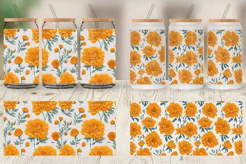 Glass Can Wrap Marigold Flower Pattern Sublimation artnoy 