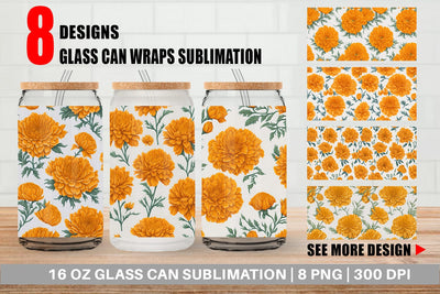 Glass Can Wrap Marigold Flower Pattern Sublimation artnoy 